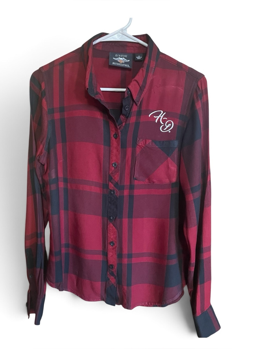 Harley Davidson Red & Black Plaid Button-Up Shirt Viscose Size M